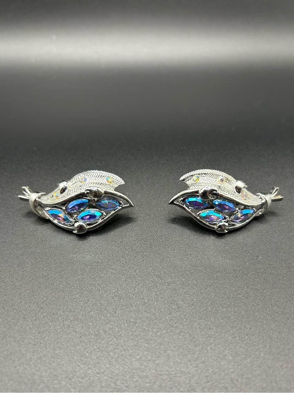 Silver Leaf Earrings with Blue Opalescent Stones Coro